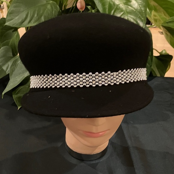 Black Wool Cap Hat with Silver Beaded Rhinestone Band - Picture 1 of 5